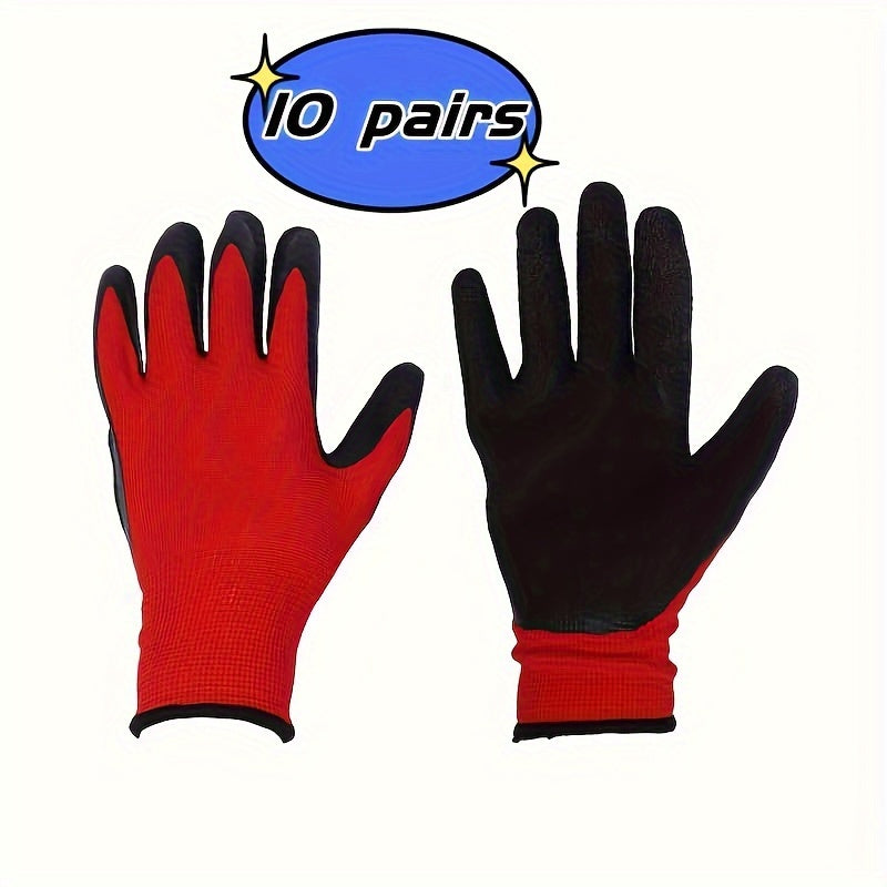 10 Pairs Premium Multi-Purpose Work Gloves Set - Ultra-Durable, Non-Slip Grip, Breathable, Lead-Free, and Water-Resistant for Gardening, Mechanics, and Outdoor Activities - Red and Black Color Combination