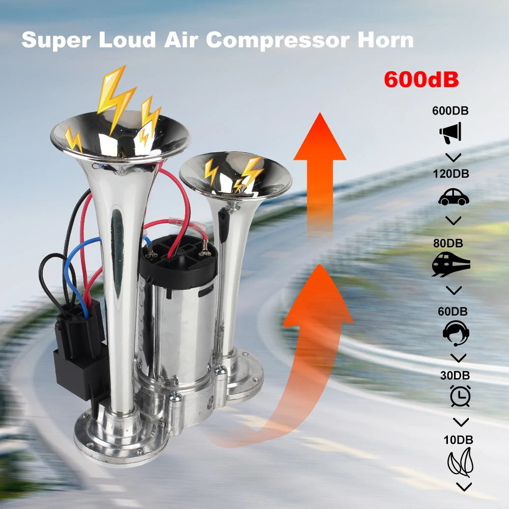 12V Modification For Motorcycle Boat Truck 600dB Dual Trumpets With Air Compressor and Relay Super Loud Car Electric Horn