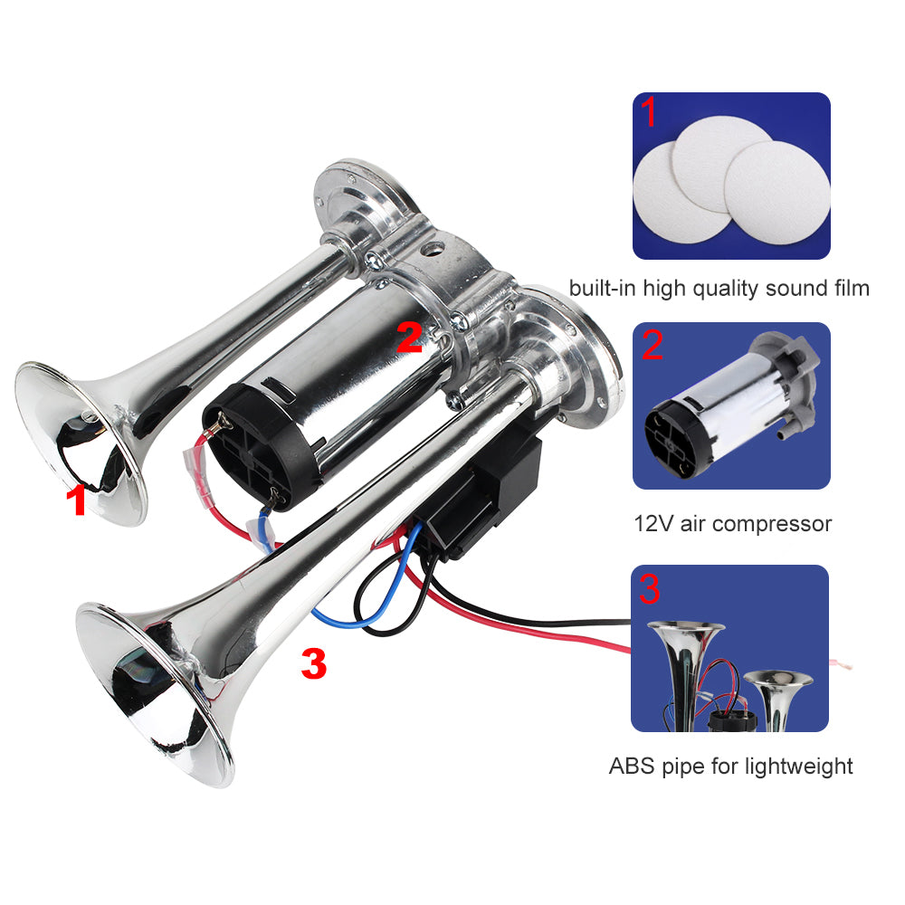 12V Modification For Motorcycle Boat Truck 600dB Dual Trumpets With Air Compressor and Relay Super Loud Car Electric Horn